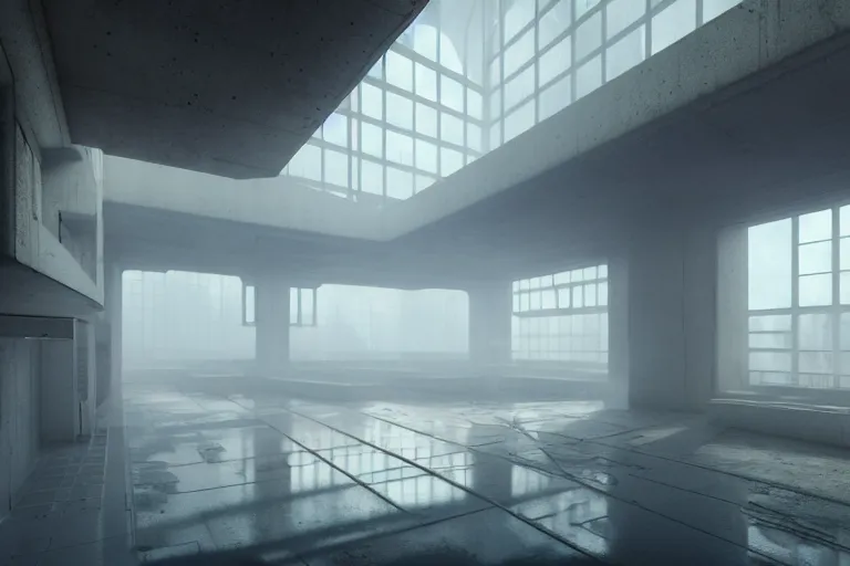 Image similar to hyper realistic interior photo of a white concrete brutalist megastructure with huge windows and skylights, volumetric light rays, style of simon stalenhag and alphonse mucha, cinematic and blue cold atmospheric, archillect concept art, trending on artstation, epic matte painting by weta digital, cgisociety