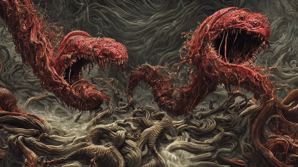 Image similar to screaming worm monster, maximalist, high detail, 8k, ornate, dark fantasy, realistic, masterpiece, complex, WLOP, film still from the movie directed by Denis Villeneuve with art direction