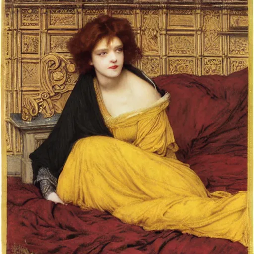 Prompt: preraphaelite photography reclining on bed, a hybrid of judy garland and a hybrid of madame de stael and eleanor of aquitaine, aged 2 5, big brown fringe, yellow ochre ornate medieval dress, john william waterhouse, kilian eng, rosetti, john everett millais, william holman hunt, william morris, 4 k