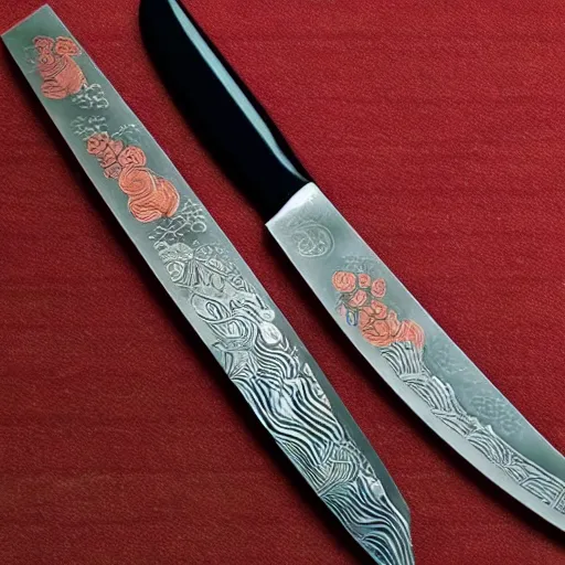 Prompt: Japanese knife, Japanese knife design, fancy Japanese knife carving, Japanese themes, knife etching