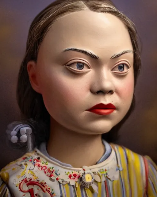 Prompt: closeup face profile portrait of greta thunberg as a tin toy 1 9 5 0 s prom queen, bikini, depth of field, zeiss lens, detailed and intricate environment, fashion photoshoot by nicoletta ceccoli, mark ryden, lostfish, breathtaking, 8 k resolution, artistic, hyperrealistic, octane render