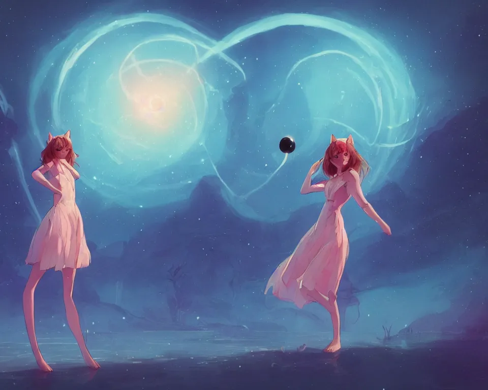 Image similar to beautiful whimsical cat girl standing in a lake in the moonlight, using magic, under a multi-colored binary blackhole with an accretion disc, glowing trails following her arms, wearing professional makeup, acidwave, by Lois van Baarle, by Greg Rutkowski, by artgerm, by beeple, by studio ghibli, cinematic angle, volumetric lighting, 4k resolution, octane render, trending on artstation, masterpiece