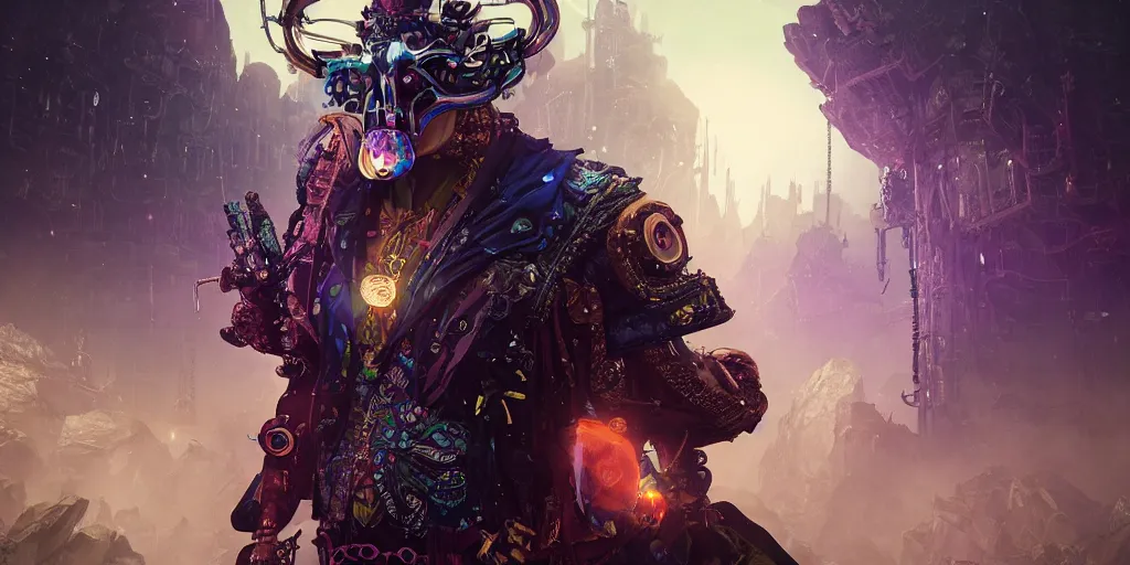 Image similar to pimp wearing a steampunk and neonpunk mechanical fluorescent mystical animal mask in strange misty mountain landscape. fight with night street - walking monsters, night, realism in style of fornite game, 4 k, octane render, artwork by tooth wu and wlop and beeple and greg rutkowski, ambient occlusion, award winning photograph, epic cinematic shot