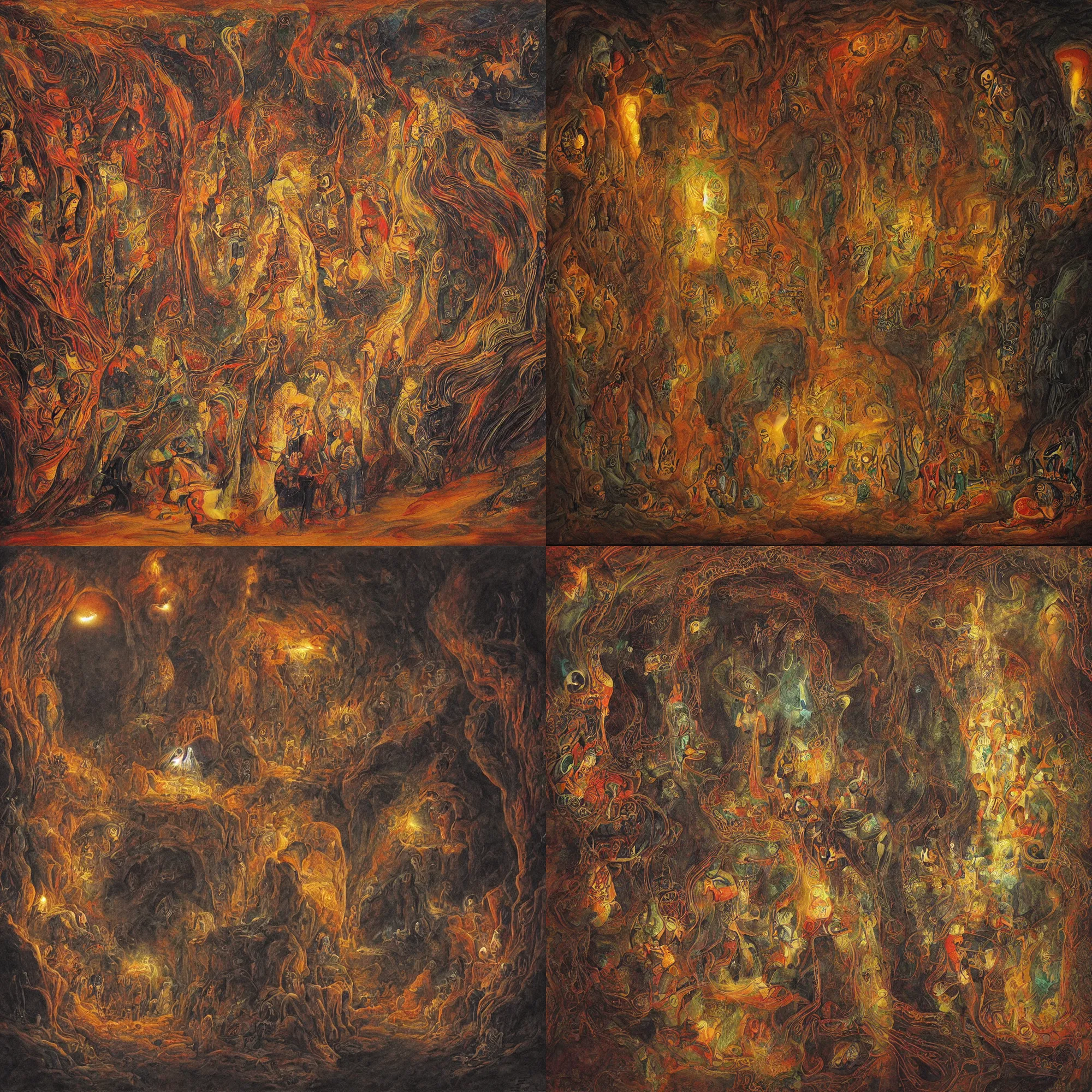 Prompt: assembly of soul, dark cave, tunnel to light, rassouli painting style, persian