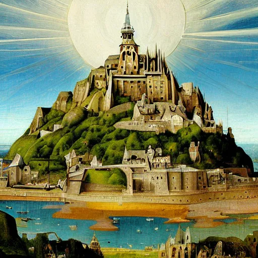 Image similar to Stunning and highly detailed painting of Mount Saint-Michel by Hieronymus Bosch