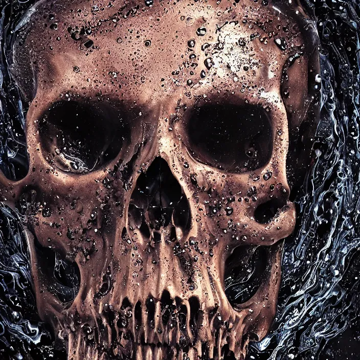 Image similar to a melting dripping human skull. ferrofluids, melted metal, burning water distortions. intricate abstract. intricate artwork. by Tooth Wu, wlop, beeple, dan mumford. octane render, trending on artstation, greg rutkowski very coherent symmetrical artwork. cinematic, hyper realism, high detail, octane render, 8k, depth of field, bokeh. iridescent accents