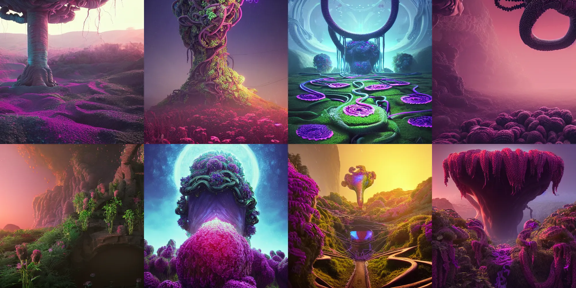 Prompt: beautiful dark landscape, medusa gorgon head, beautiful flowers growing, in the style of beeple and mike winkelmann, intricate, epic lighting, cinematic composition, hyper realistic, 8 k resolution, unreal engine 5, raytracing, ultraviolet colors,