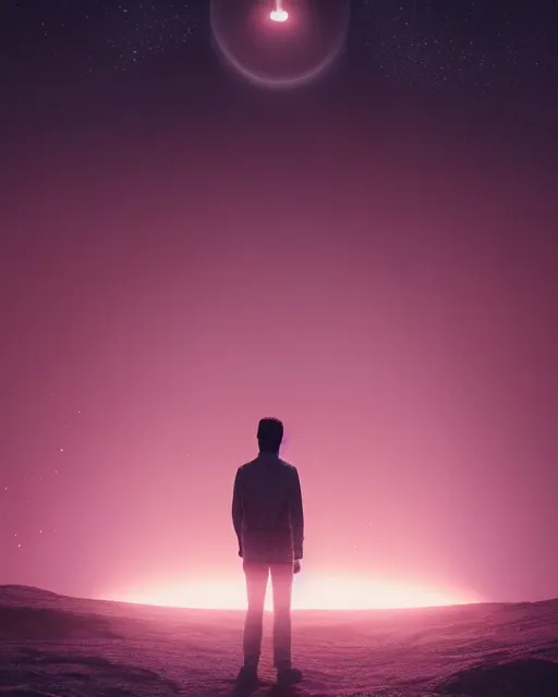 Image similar to a person standing in front of a glowy open door that's on a barren moon, poster art by mike winkelmann, trending on cg society, space art, sci - fi, ue 5, futuristic, volumetric lighting, light casting onto the ground, neat composition and camera angle