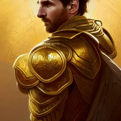 Prompt: Lionel Messi wearing a beautiful golden armor, D&D, fantasy, intricate, elegant, highly detailed, digital painting, artstation, concept art, matte, sharp focus, illustration, art by Artgerm and Greg Rutkowski and Alphonse Mucha