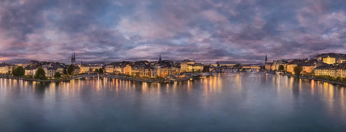 Image similar to Digital painting of Zurich, Limmat and the lake, wide angle, volumetric light, hyperdetailed, Alsp in the background, artstation, cgsociety, 8k