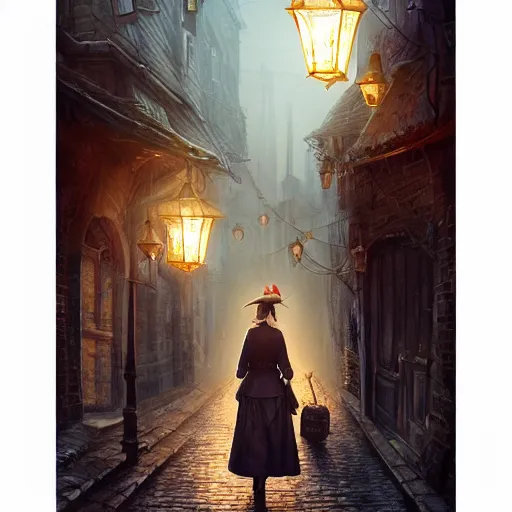 Prompt: shrouded investigator woman wearing an eyepatch standing in a cobblestone street warmly lit by lanterns, by Stanley Artgerm Lau, WLOP, Rossdraws, James Jean, Andrei Riabovitchev, Marc Simonetti