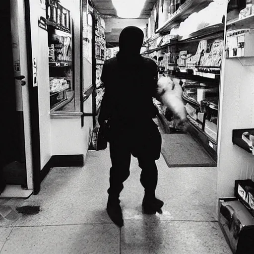 Image similar to “ man committing armed robbery from the perspective of the bodega cat ”