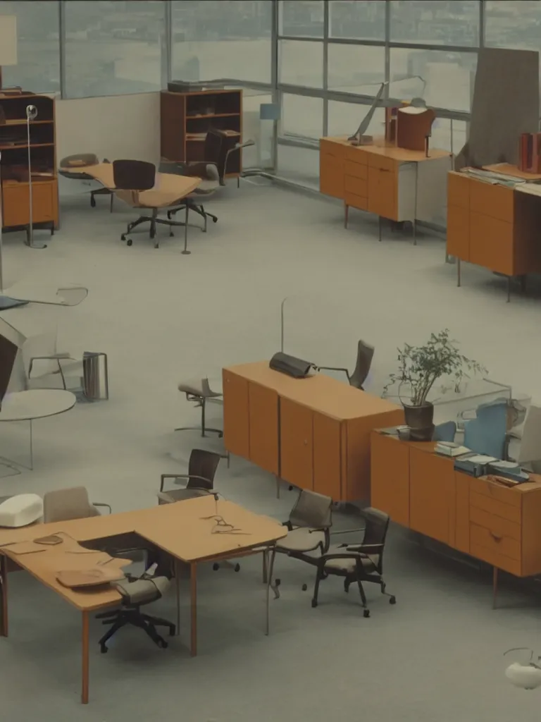 Prompt: a still of severance series ( 2 0 2 2 ) indoor 7 0 s furniture office scenario appearing in a film of jacques tati