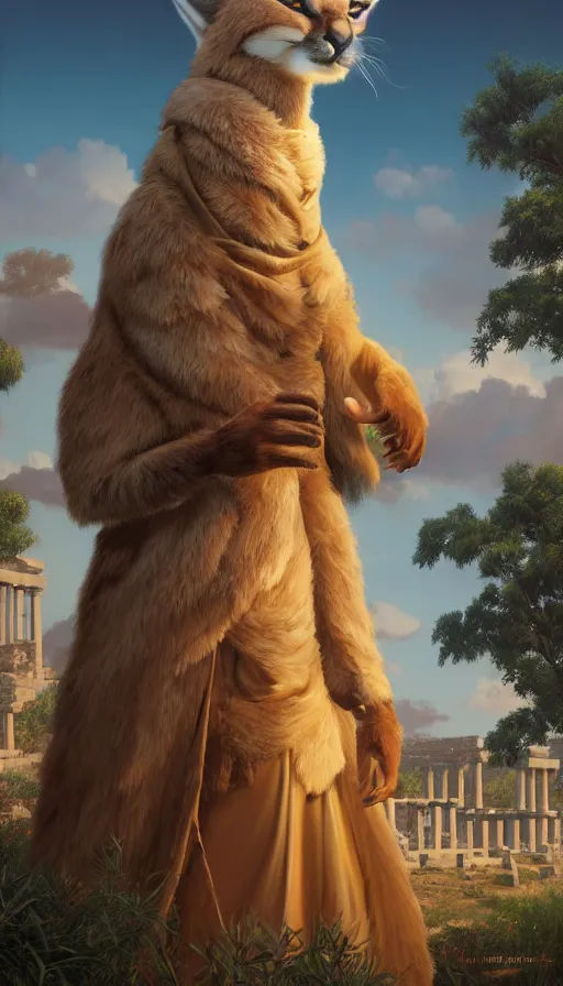 Image similar to fullbody photo of humanoid cute fluffy caracal dressed in toga as alexander macedon, sun behind him, ancient greek city, sunny day, by ilya kuvshinov, rtx rendering, octane render 1 2 8 k, maya, extreme high intricate details by tom bagshaw, medium shot, composition by sana takeda, lighting by greg rutkowski