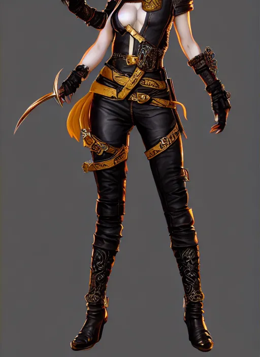 Prompt: rogue, fantasy ornate leather bandit outfit!!! beautiful and athletic short hair female!! gorgeous face and eyes!! character concept art, sharp focus, octane render! unreal engine 5! highly rendered!! trending on artstation!! detailed linework!! illustration by artgerm, wlop, and chie yoshii