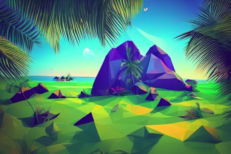 Prompt: wide angle, low poly, surrealist lights, psychedelic sound, grassy hills background, tropical 🏝 island with a beach, break of dawn, no clouds