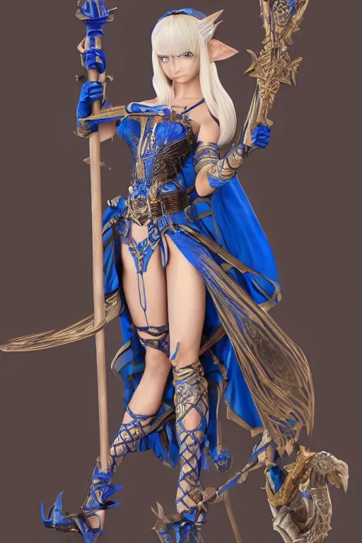 Prompt: galena is a female elf wizard wearing an elaborate blue dress and holding a massive staff carved out of dragon bones, anime figurine, artgerm, photorealistic computer animation, unreal engine, artstation, pixmax