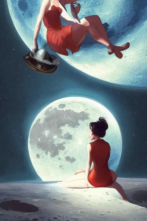 Image similar to Woman sitting on the moon with a view of the earth in the background, elegant, digital painting, highly detailed, artstation, concept art, smooth, sharp focus, illustration, art by artgerm and greg rutkowski.