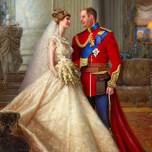 Image similar to detailed painting of prince william marrying attractive gigi hadid, highly detailed painting by gaston bussiere, craig mullins, j. c. leyendecker 8 k, 4 k, smiling couple, royal painting, human face, watercolor, realistic human