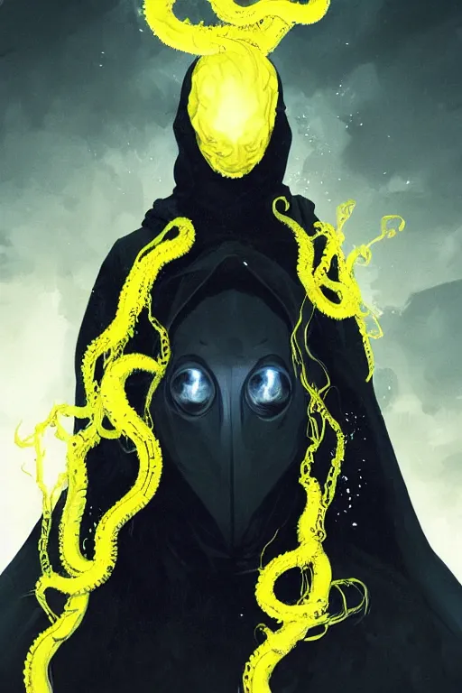Prompt: A full body portrait of a mysterious character with no face with a very long hooded yellow cloak with black tentacles that have eyes coming out the bottom art by Maciej Kuciara and Jason Chan, ominous, cosmic horror, trending on artstation, Ultra detailed, hyper realistic 4k