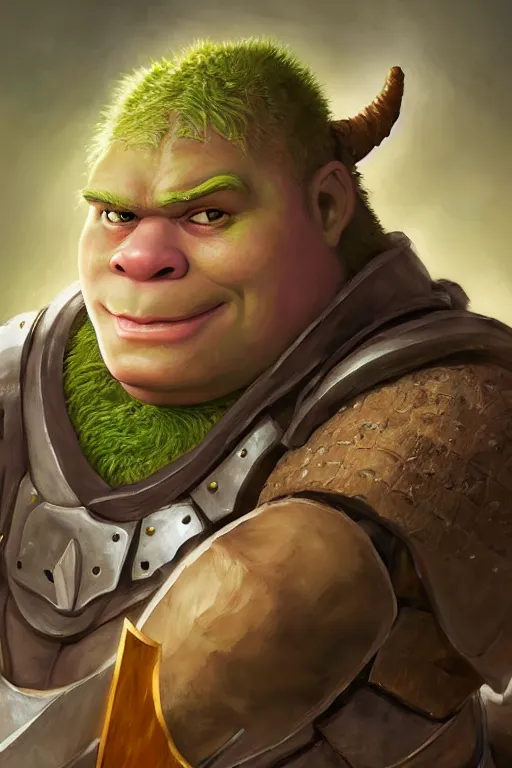 Image similar to A realistic anime portrait of Shrek, warrior, D&D, two handed Axe, full body plated armor, dungeons and dragons, tabletop role playing game, rpg, jrpg, digital painting, by Stanley Artgerm Lau, Frank frazzeta, WLOP and Rossdraws, digtial painting, trending on ArtStation, SFW version