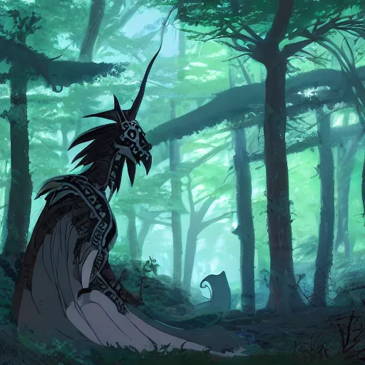 Image similar to concept art painting of an anthropomorphic dragon king with black robes, a long neck, and skull mask, in a deep forest, cel shaded, in the style of makoto shinkai and james gurney and studio ghibli and moebius