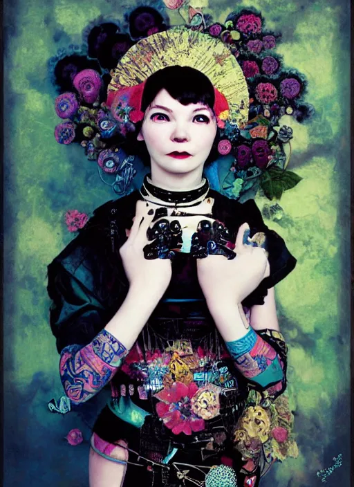 Image similar to cute punk goth fashion fractal young Bjork posing by Zhang Jingna, poster art by Hannah Höch Victor Moscoso Dan Mumford Kilian Eng Hannah Jeffrey Smith Rick Griffin Alphonse Mucha Gustav Klimt Ayami Kojima Amano Charlie Bowater, violet and black