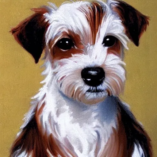 Image similar to a high quality painting of a very cute scruffy wire haired jack russell terrier puppy, white with chocolate brown spots, brown patches over both eyes. friendly, curious expression. painting by norman rockwell