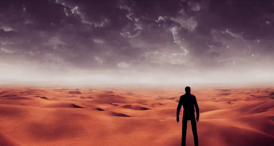 Image similar to a man in the desert staring at the sky, cinematic composition, dark color scheme, artstation