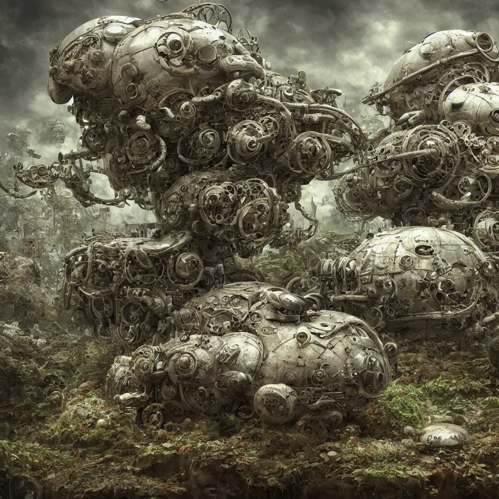 Image similar to a bio - mechanical tank with mushrooms as camouflage highly detailed, cinematic, perfect face, cyberpunk, fine details, studio lighting, subtle shadows, art by katsuya terada and hieronymus bosch, photo - realism, hyper realism, octane render