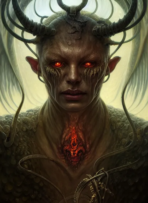 Image similar to closeup portrait shot of a demon in dungeon in a scenic dystopian environment, intricate, elegant, highly detailed, centered, digital painting, artstation, concept art, smooth, sharp focus, illustration, artgerm, tomasz alen kopera, peter mohrbacher, donato giancola, joseph christian leyendecker, wlop, boris vallejo