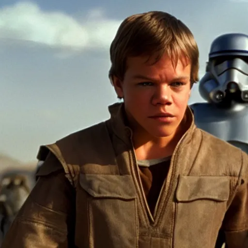 Image similar to young matt damon as luke skywalker in star wars episode 6, 8k resolution, full HD, cinematic lighting, award winning, anatomically correct