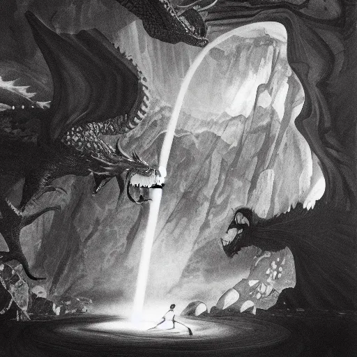 Image similar to oil painting of a dragon with black and white stripes flying in the air near a cave with a waterfall in the center, light emanating from the waterfall leading to a big pool of water, elegant, sharp focus, wide shot, clear, detailed, early renaissance