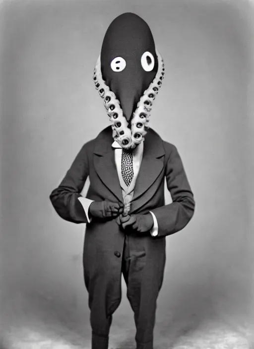 Image similar to anthropomorphic octopus , wearing a suit, tentacles spilling out of the collar, vintage photograph, sepia