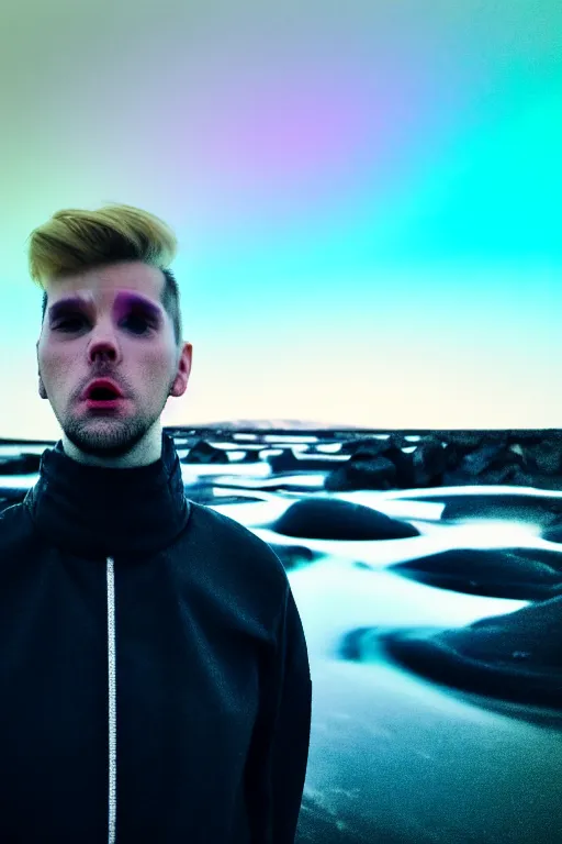 Prompt: high quality pastel coloured film wide angle selfie photograph of a plain male cyber boy standing in an icelandic black rock environment. sarcastic expression. three point light. photographic. art directed. pastel colours. volumetric light. stark. waves glitch. 8 k. filmic.