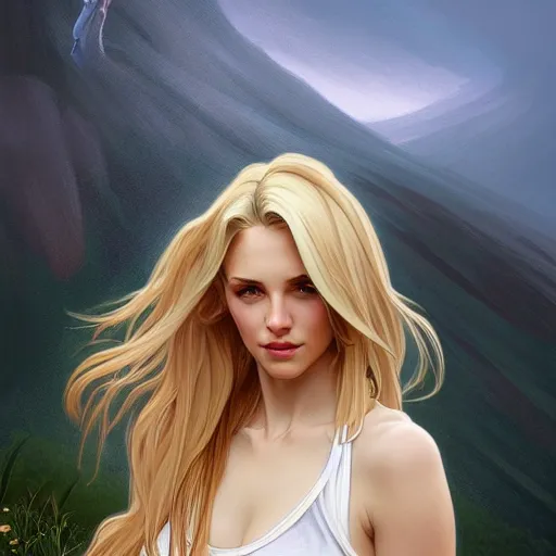 Prompt: a gorgeous woman with long light-blonde hair wearing a low cut tanktop, standing in the rain on top of a mountain, highly detailed, digital painting, artstation, concept art, sharp focus, illustration, art by artgerm and alphonse mucha