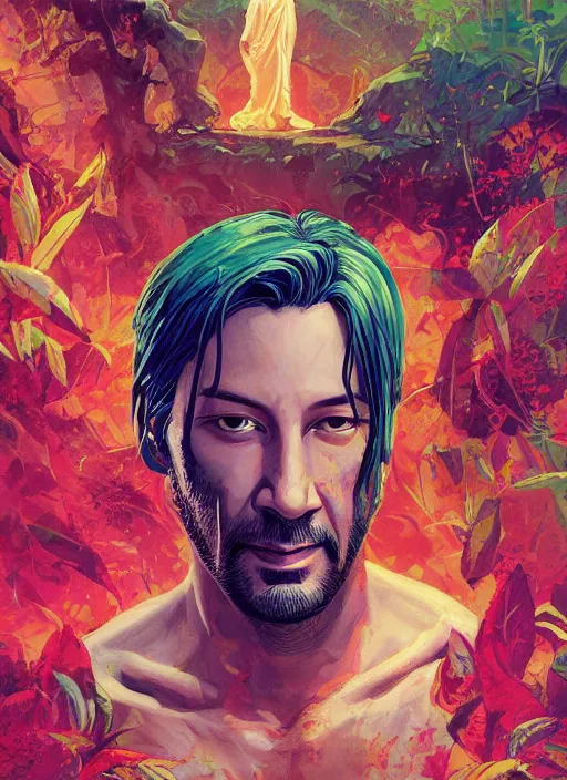 Image similar to a comic book style fantasy portrait painting of Keanu Reaves as a monk meditating in a bright serene lush green temple setting, art by Tristan Eaton, Stanley Artgerm, Tom Bagshaw, Greg Rutkowski, Carne Griffiths