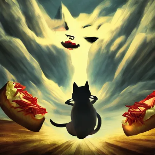 Image similar to deeply terrified cat running away from the giant carnivorous sandwich, artstation hq, dark phantasy, stylized, symmetry, modeled lighting, detailed, expressive, true unsimulated emotions, created by hayao miyazaki