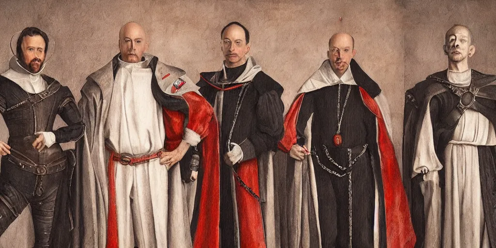 Image similar to 1 6 th century portrait of elon musk, mark zuckerberg and jeff bezos standing side - by - side as members of the spanish inquisition, artstation
