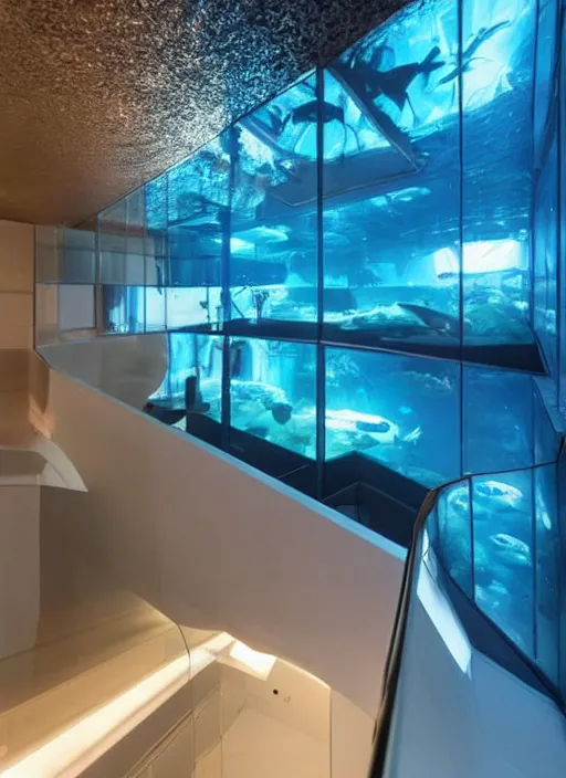 Prompt: a futuristic sci - fi underwater home with mirrored walls, dreamatic lighting