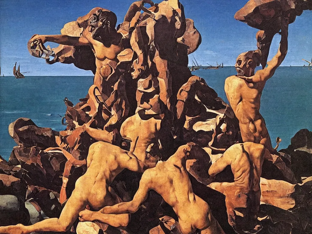 Prompt: Men fighting in the muck, African painted god, mask, sculpture, Henri Moore giant, blue eyed, looking from the water conch. Boulders of marbled rocks, spiked, wings. Painting by Caravaggio, Rene Magritte, Moebius, Jean Delville, Max Ernst, Maria Sybilla Merian