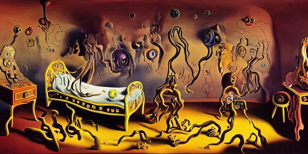 Image similar to a cosmic horror monstrosity inside of a childs bedroom, painting by salvador dali, extremely detailed, disturbing, cinematic, 4 k, 8 k,