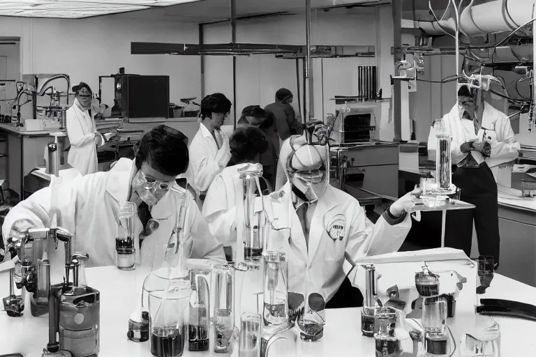 Prompt: recent photograph of reckless!!! whimsical! scientists in a lab inventing a new flavor of soda!!!, presentation, slide show, beakers