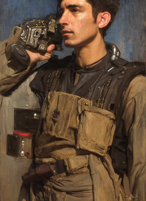 Prompt: Hector. cyberpunk pilot wearing military vest. attractive face. Iranian orientalist portrait by john william waterhouse and Edwin Longsden Long and Theodore Ralli and Nasreddine Dinet, oil on canvas. Cinematic, hyper realism, realistic proportions, dramatic lighting, high detail 4k