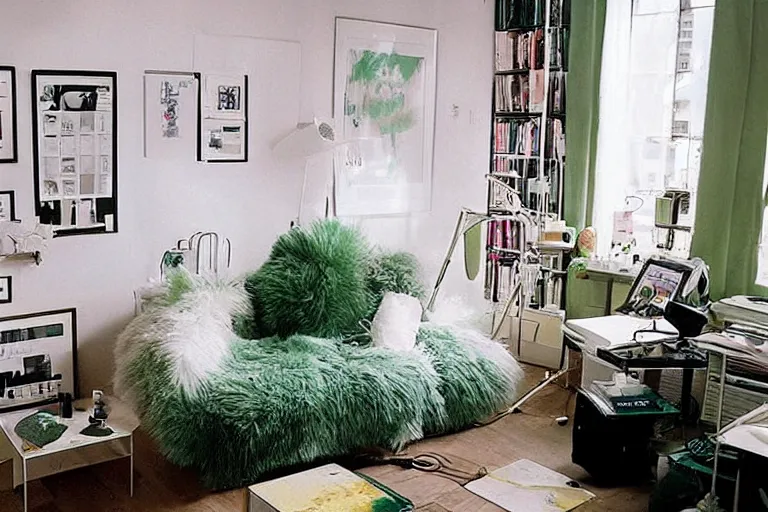 Image similar to apartment organization inspo green and fluffy, in 2 0 5 5, y 2 k cybercore, low - light photography, bathed in the glow of a crt monitor, still from a wes anderson movie