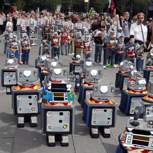 Prompt: robot parade, robots obey what the children say, wave the flag that the robot made