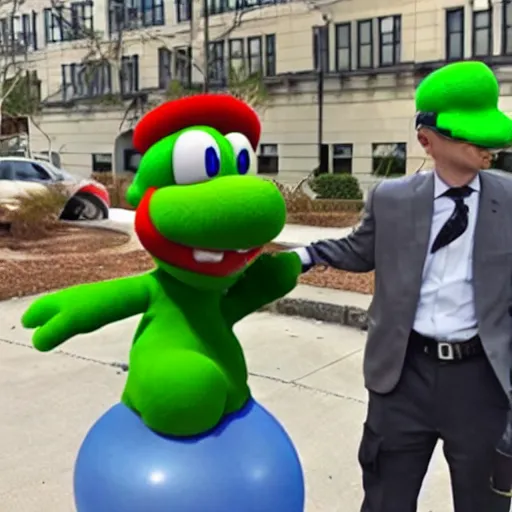 Prompt: photo of yoshi getting arrested for committing tax fraud, BuzzFeed photo (2022)