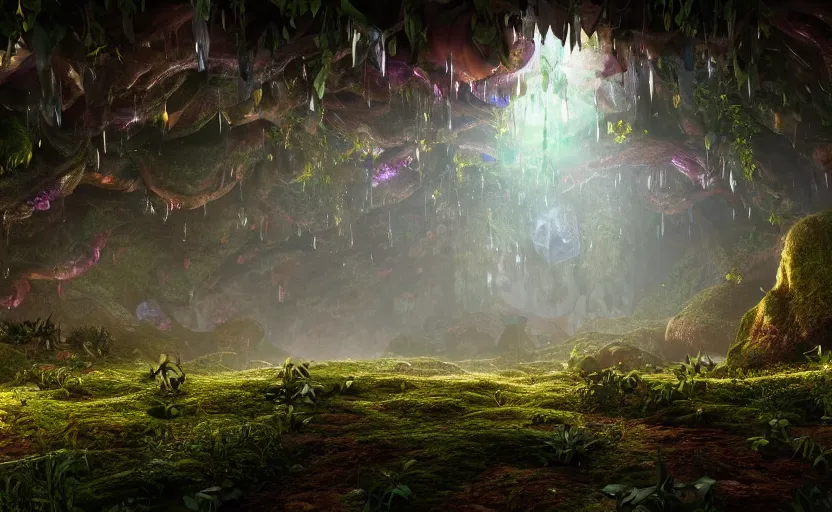Prompt: a beautiful and stunning digital render of a humongous crystal cave, dimly glowing mushrooms, vines, haze, waterfall, volumetric lighting, photorealistic, unreal engine 5, ultra detail, trending on artstation