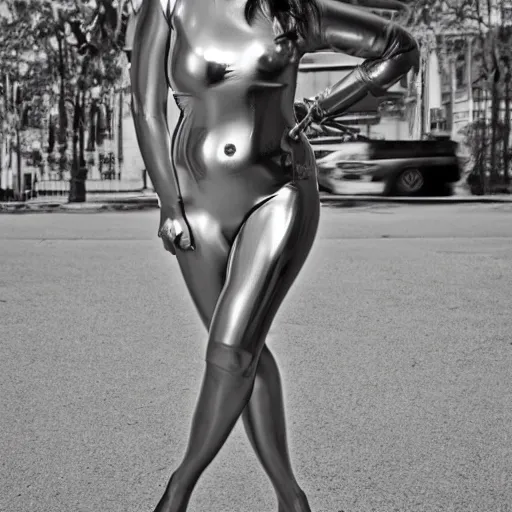 Image similar to chrome girl, wide angle, full body shot