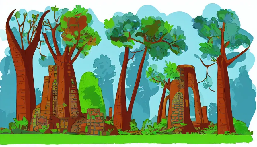 Prompt: forest filled with ruins, giant trees, tiny rocket, colorful, vector style drawing